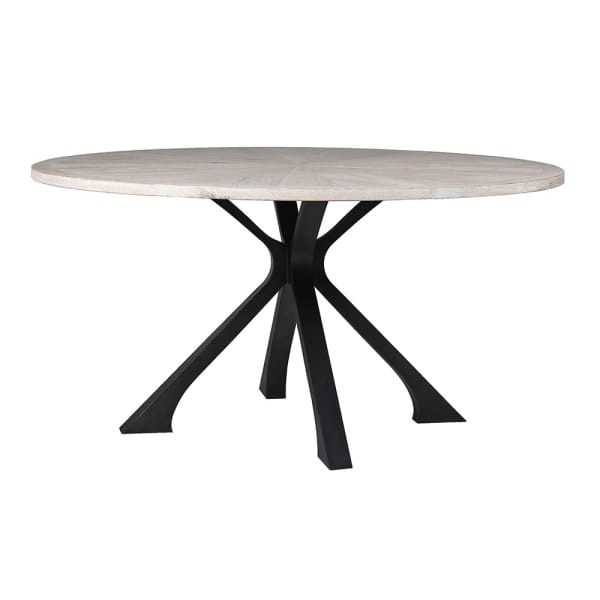 Innovation Round Oak Dining Table, 150 cm – Weathered Wood Top with Black Iron Legs