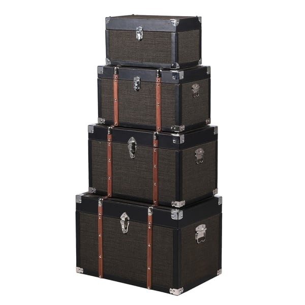Black storage trunks with brown wooden details