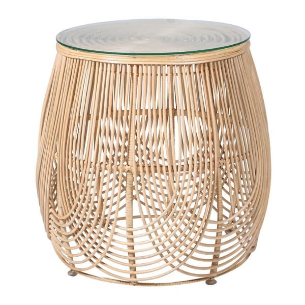 Boho Round Rattan Side Table with Glass Top – Natural Finish