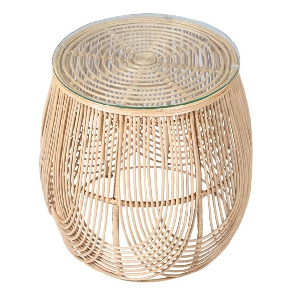 Boho Round Rattan Side Table with Glass Top – Natural Finish