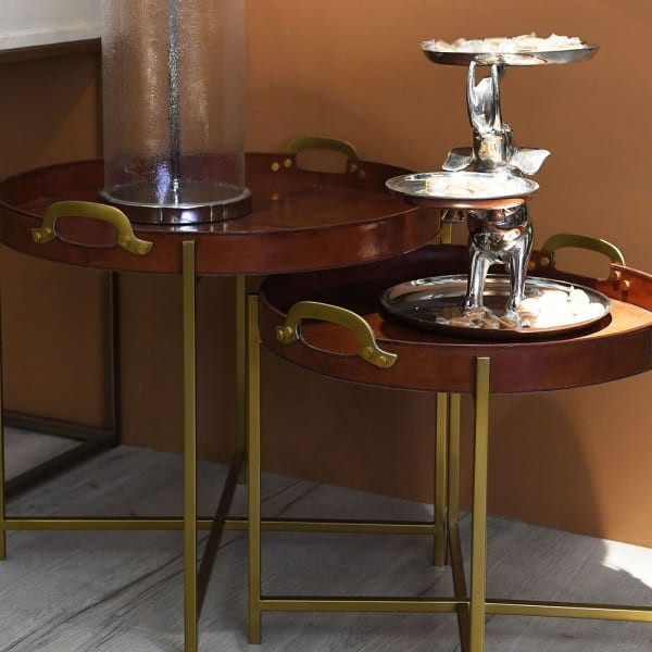 Bardem Brown Round Tray Tables - Japuir Natural Leather with Gold Base