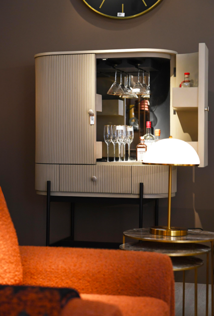 Novum cashmere drinks cabinet 157.5cm with fluted doors, lower drawer and black iron frame
