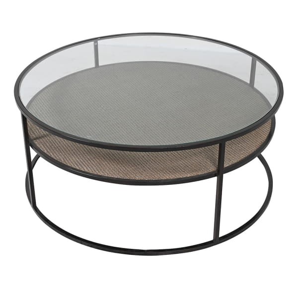 Lyall Round Coffee Table 100 cm with Glass Top and Wicker Shelf