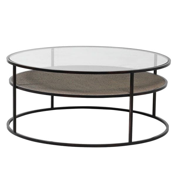 Lyall Round Coffee Table 100 cm with Glass Top and Wicker Shelf