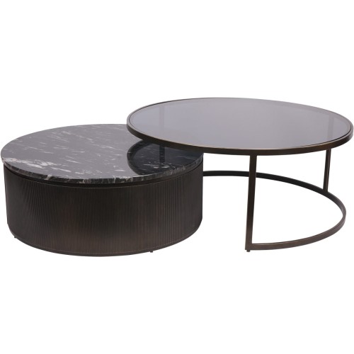 Primrose Black Set of 2 Coffee Tables with Black Marble and Smoked Glass