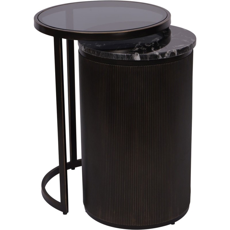 Round side tables with black marble and smoked glass tops
