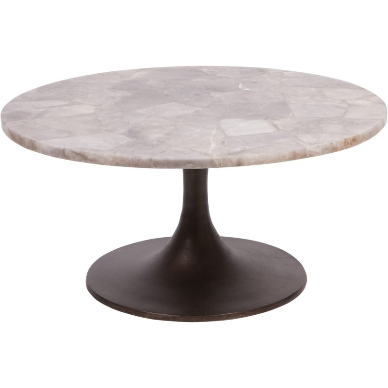 Round coffee table with a pale smoked quartz top