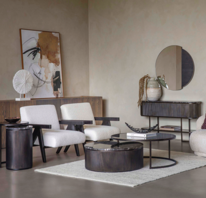 Round coffee tables with black marble and smoked glass tops