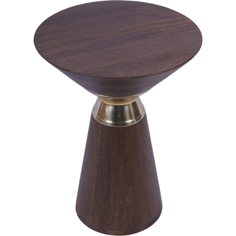 Round wooden side table with brass-effect aluminium details