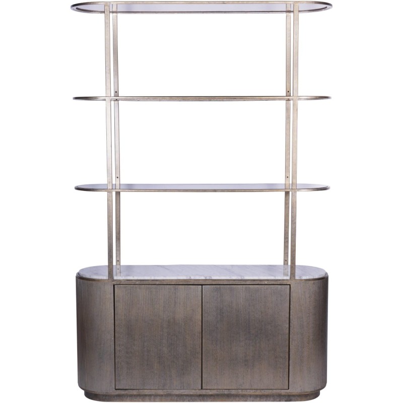 Antique-gold shelving unit with smoked-glass shelves