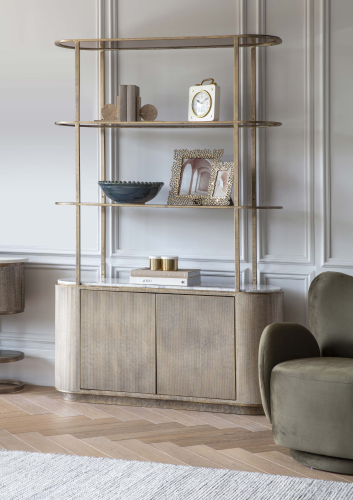Primrose Shelving Unit 204 cm – Antique Gold, Smoked Glass and Banswara Marble