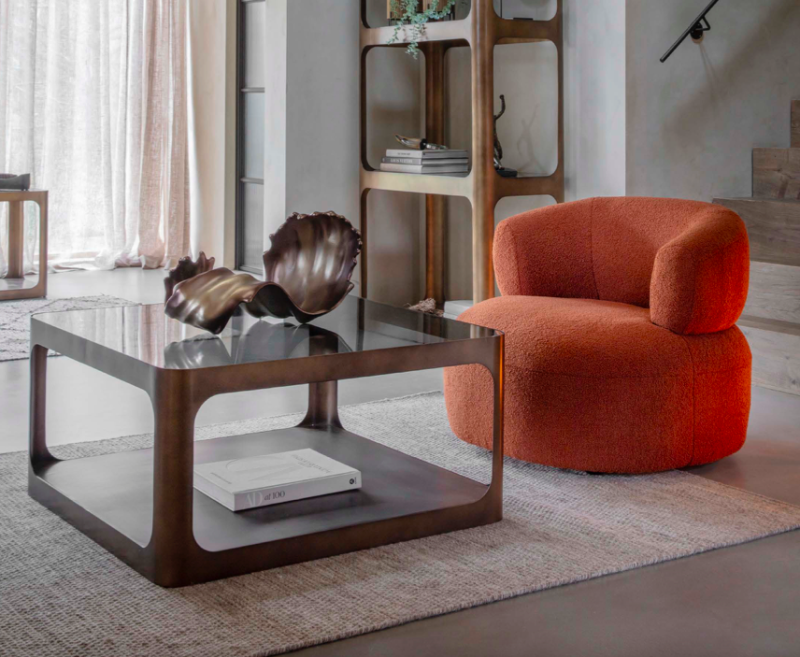 Square gold coffee table with dark smoked glass