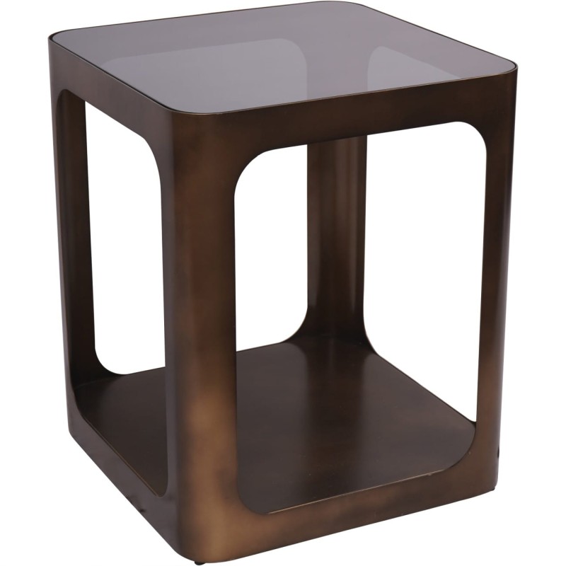 Dark gold metal side table with lower shelf