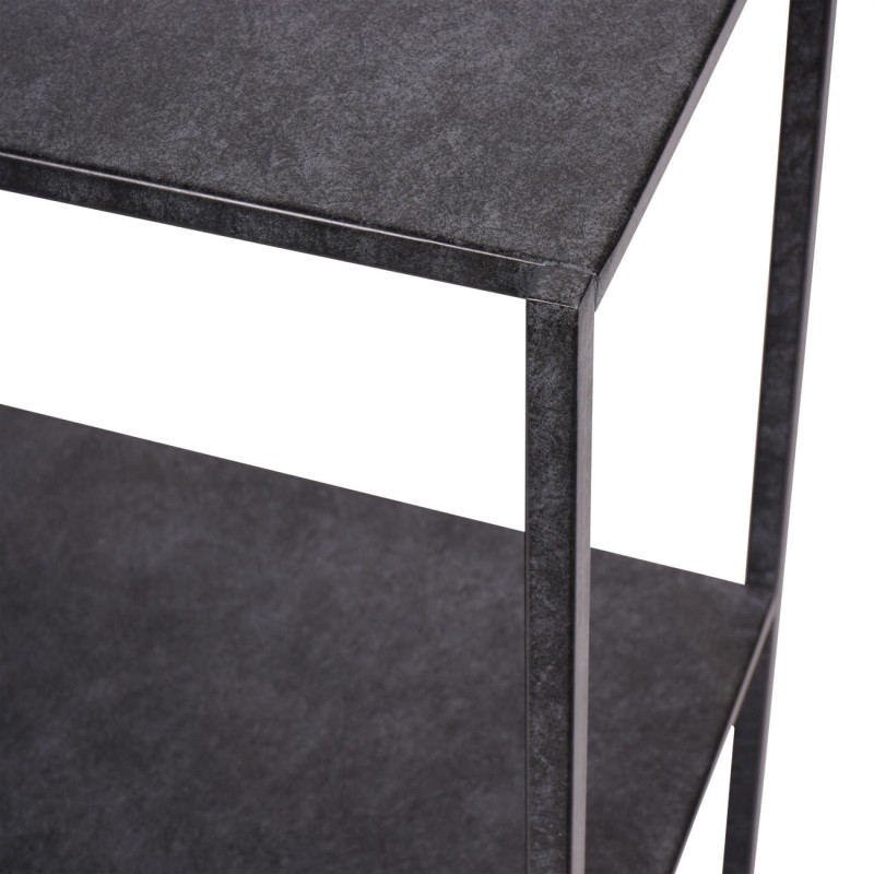 Black console table beneath a wall mirror