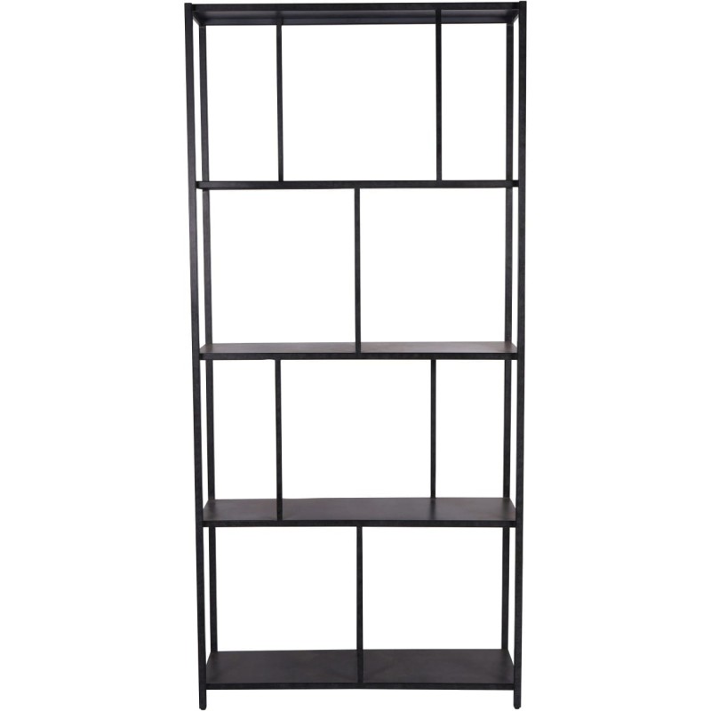 Tall open shelving unit made from black iron