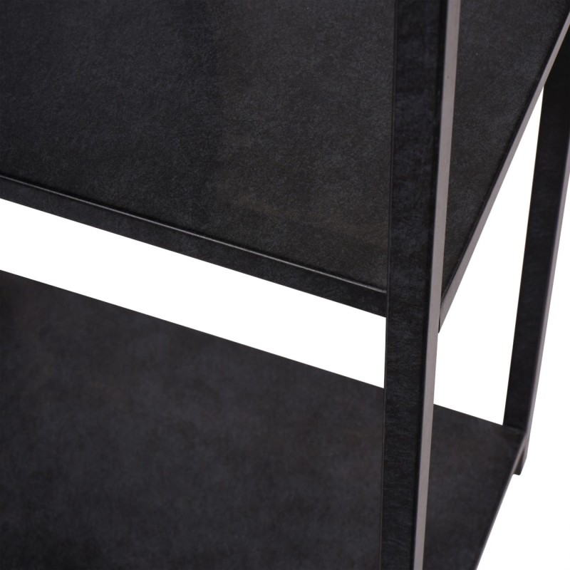 Industrial black metal shelving unit for a living room