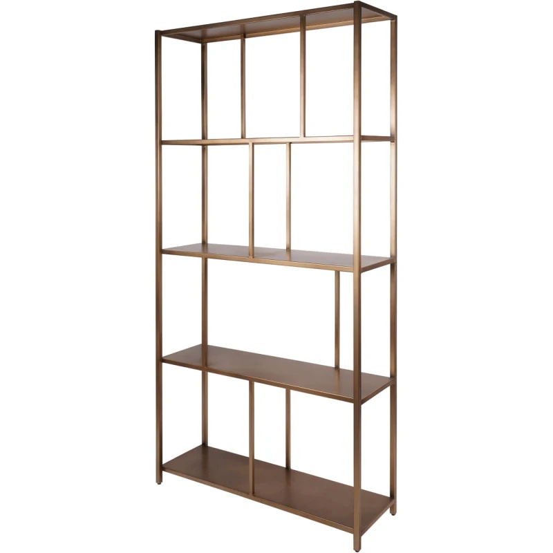 Tall gold iron shelving unit with open shelves