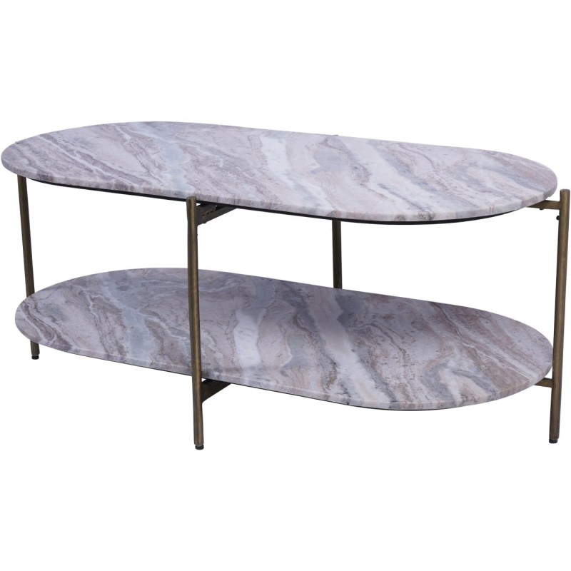 Oval marble coffee table with shelf and antique brass frame