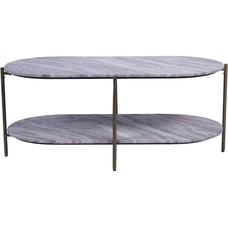 Two-tier marble coffee table with slim antique brass legs
