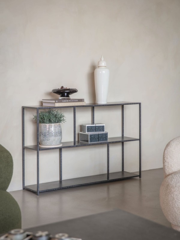 Bromley black metal console table with open display shelves