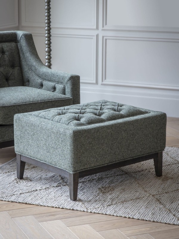 Cheval Forest 81 cm Footstool with Green Upholstery, Decorative Buttons & Stitching