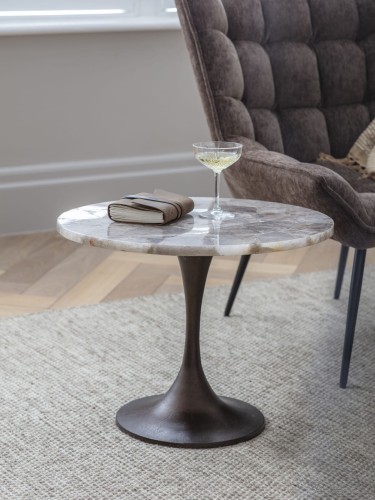 Brompton Quartz Round Side Table 60 cm – Smoked Quartz Top and Aluminium Pedestal Base