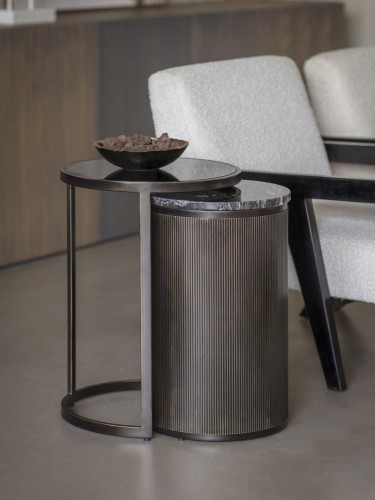 Primrose Black Set of 2 Side Tables 61 cm with Black Marble and Smoked Glass