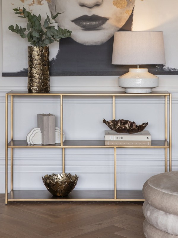 Dark-gold iron console table with geometric shelving