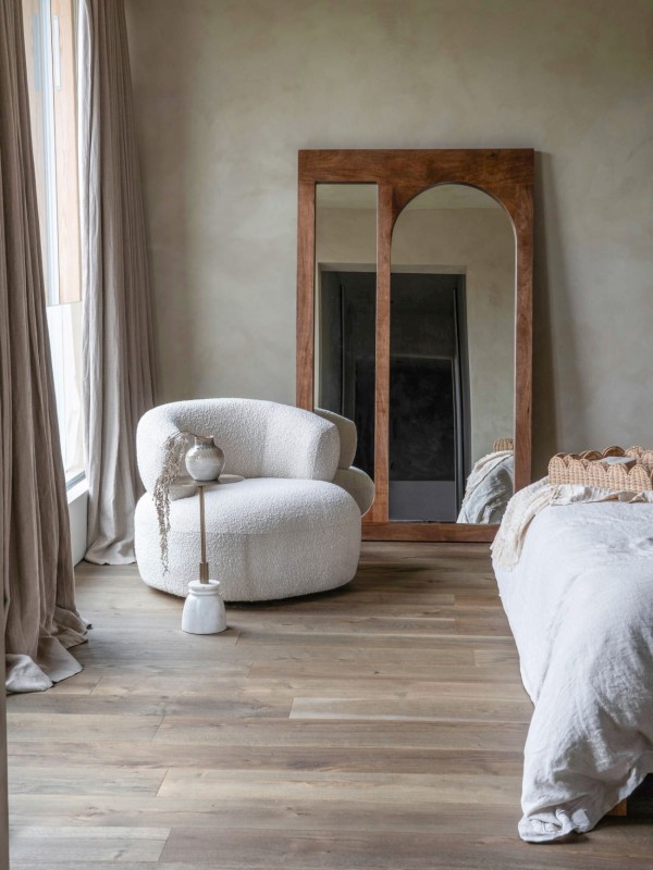 Large wooden mirror with two asymmetrical mirror panels