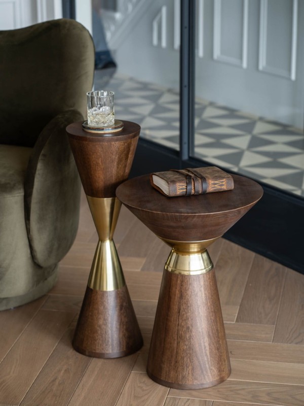 Dark brown mango wood side table with brass details