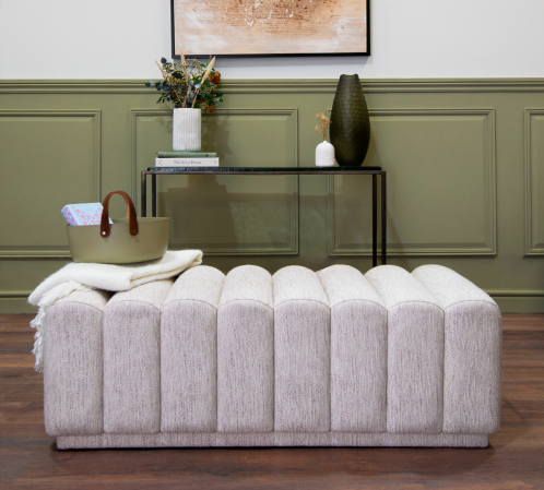 Konya cream bouclé ottoman bench measuring 121 cm