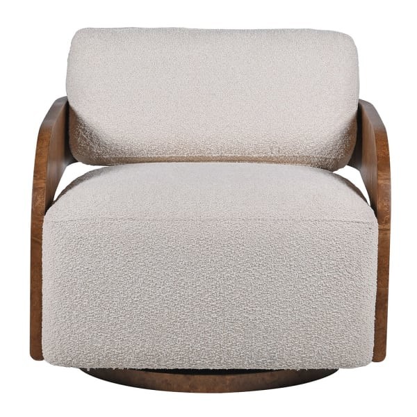Heron Burl Swivel Armchair | Cream Bouclé Chair with Wood Detail