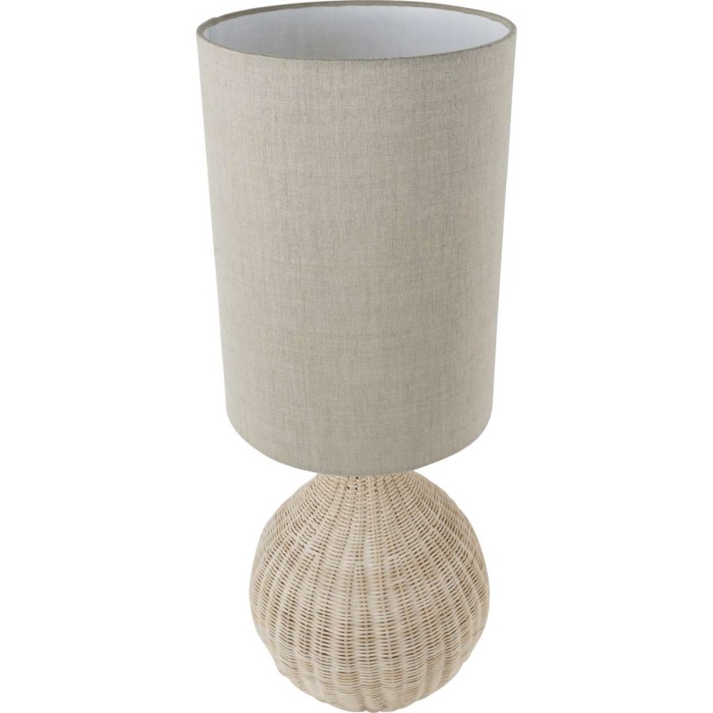 Table lamp with rattan base and grey linen shade