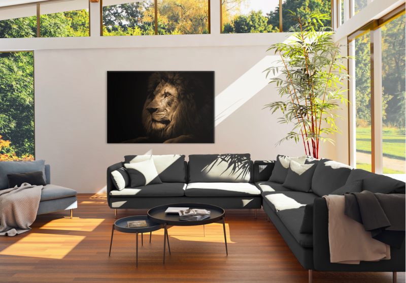 Beige and black lion portrait on glass