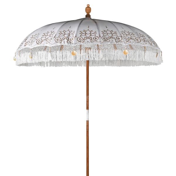 Decorative white garden parasol with hand-painted gold details