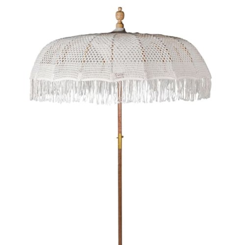 White Macramé Garden Parasol, 170 cm, Cotton with Wooden Base