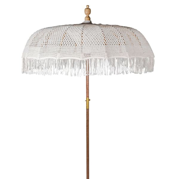 White Macramé Garden Parasol, 170 cm, Cotton with Wooden Base