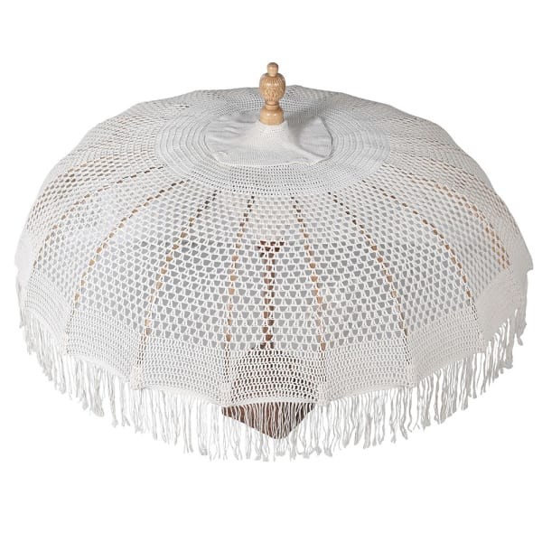 White Macramé Garden Parasol, 170 cm, Cotton with Wooden Base