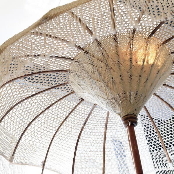 White Macramé Garden Parasol, 170 cm, Cotton with Wooden Base