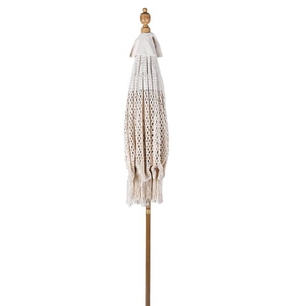 White Macramé Garden Parasol, 170 cm, Cotton with Wooden Base