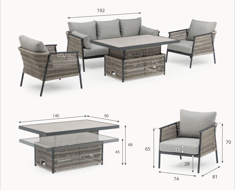 Esher Aluminium Garden Furniture Set – 3-Seater Sofa, Armchairs & Adjustable Height Table