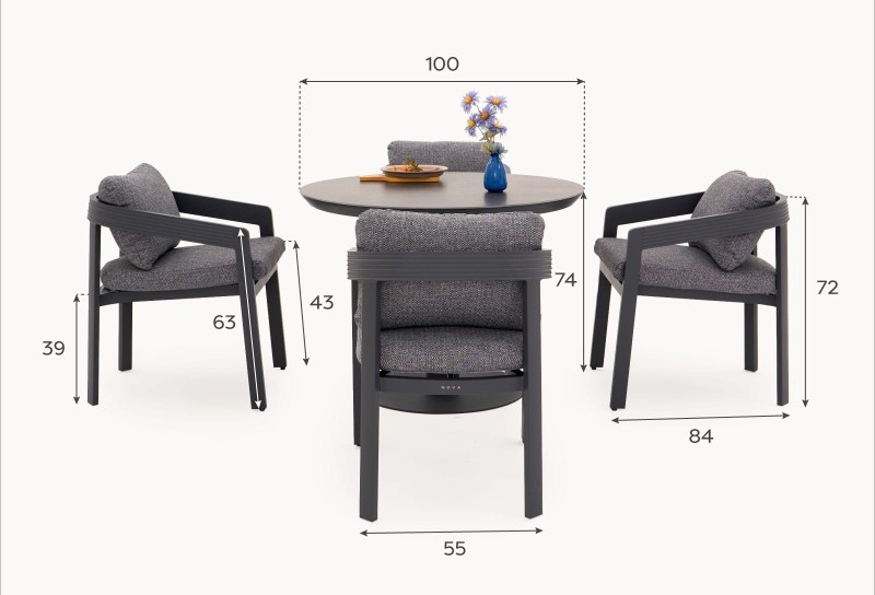 Lyall Grey Garden Furniture Set – 4 Chairs and Round Table