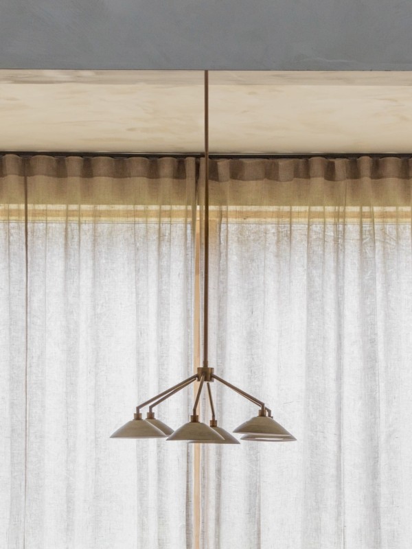 Antique brass pendant light with six wooden shades
