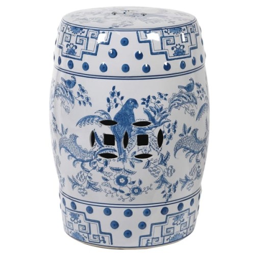 Parrot Ceramic Stool 45 cm – Blue and White Ceramic Side Table