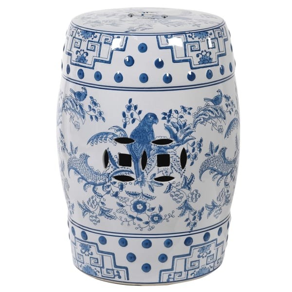 Parrot Ceramic Stool 45 cm – Blue and White Ceramic Side Table