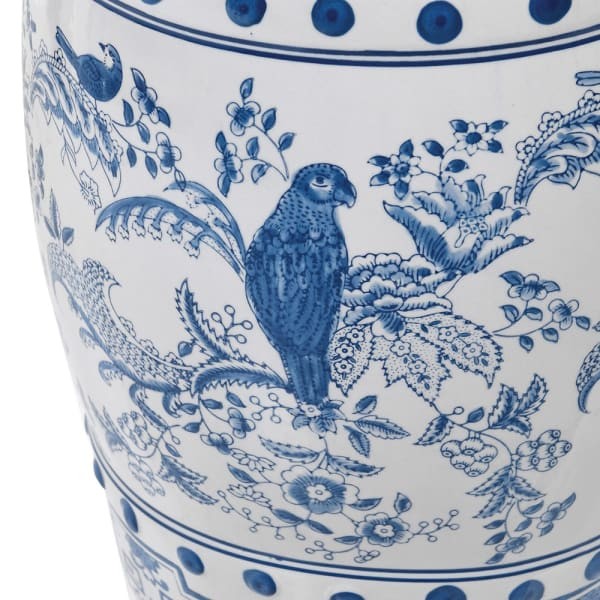 Parrot Ceramic Stool 45 cm – Blue and White Ceramic Side Table