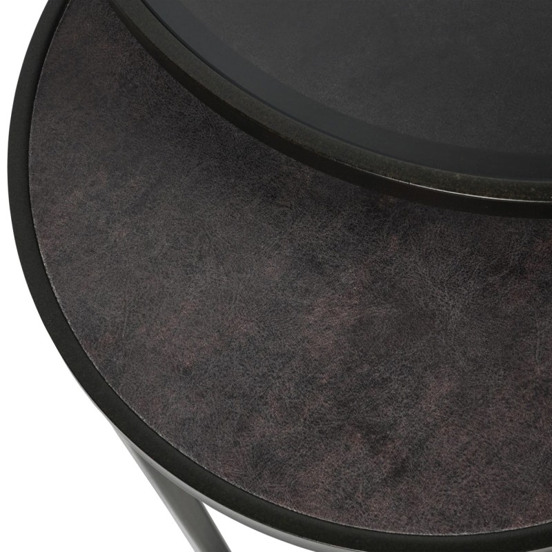 Round black side tables made from glass and iron