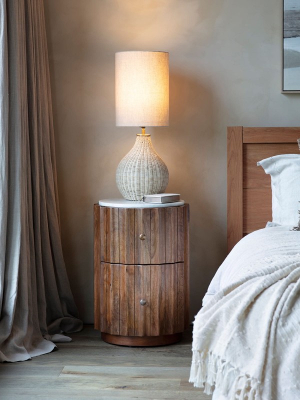 Dark wood bedside cabinet with two fluted drawers