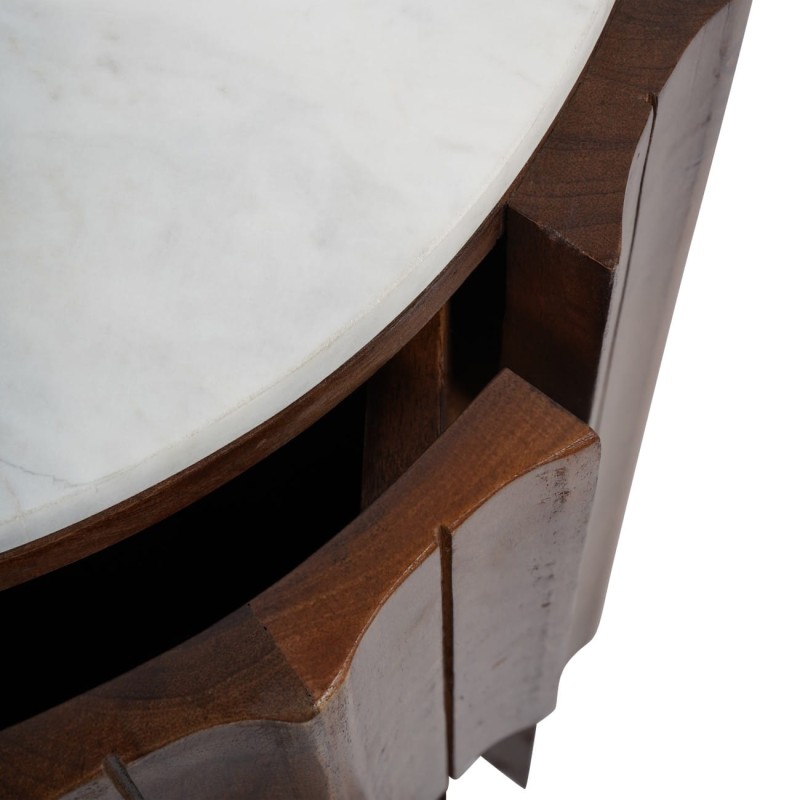 Rounded wooden bedside table with marble top