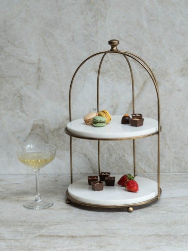 Pimlico Double Two-Tier Cake Stand 44 cm in White Marble and Antique Gold